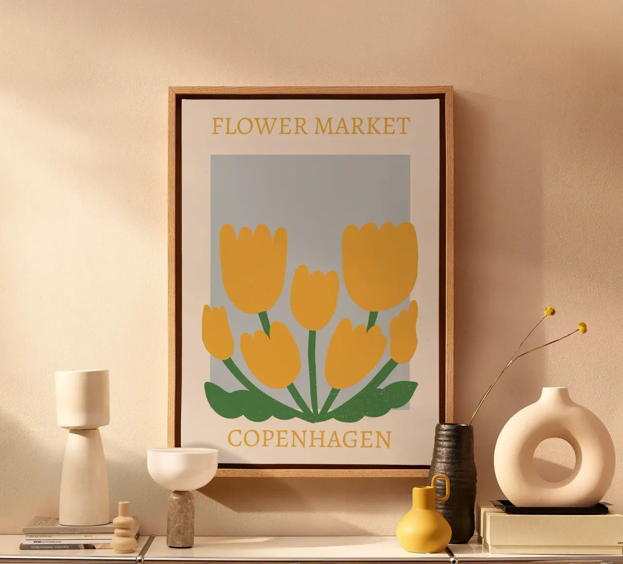 Copenhagen Bloemenmarkt Gele Tulpen Print - Botanisch canvas met Baklijst van homdeco