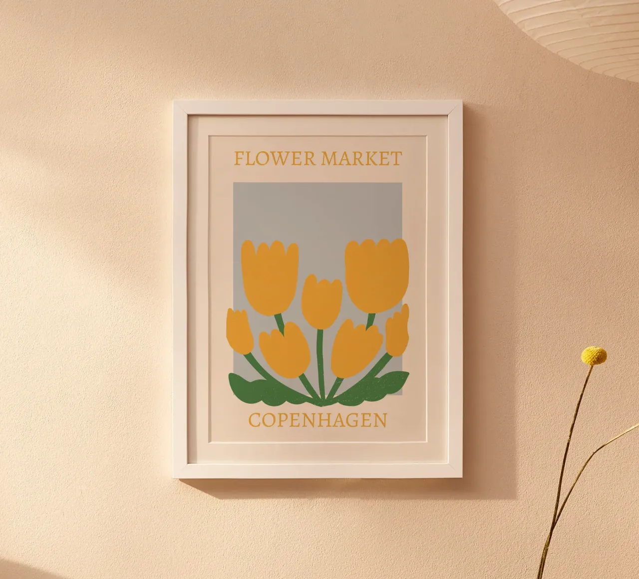 Mercado de flores de Copenhague Tulipanes amarillos - Botánico poster con marco de madera de homdeco