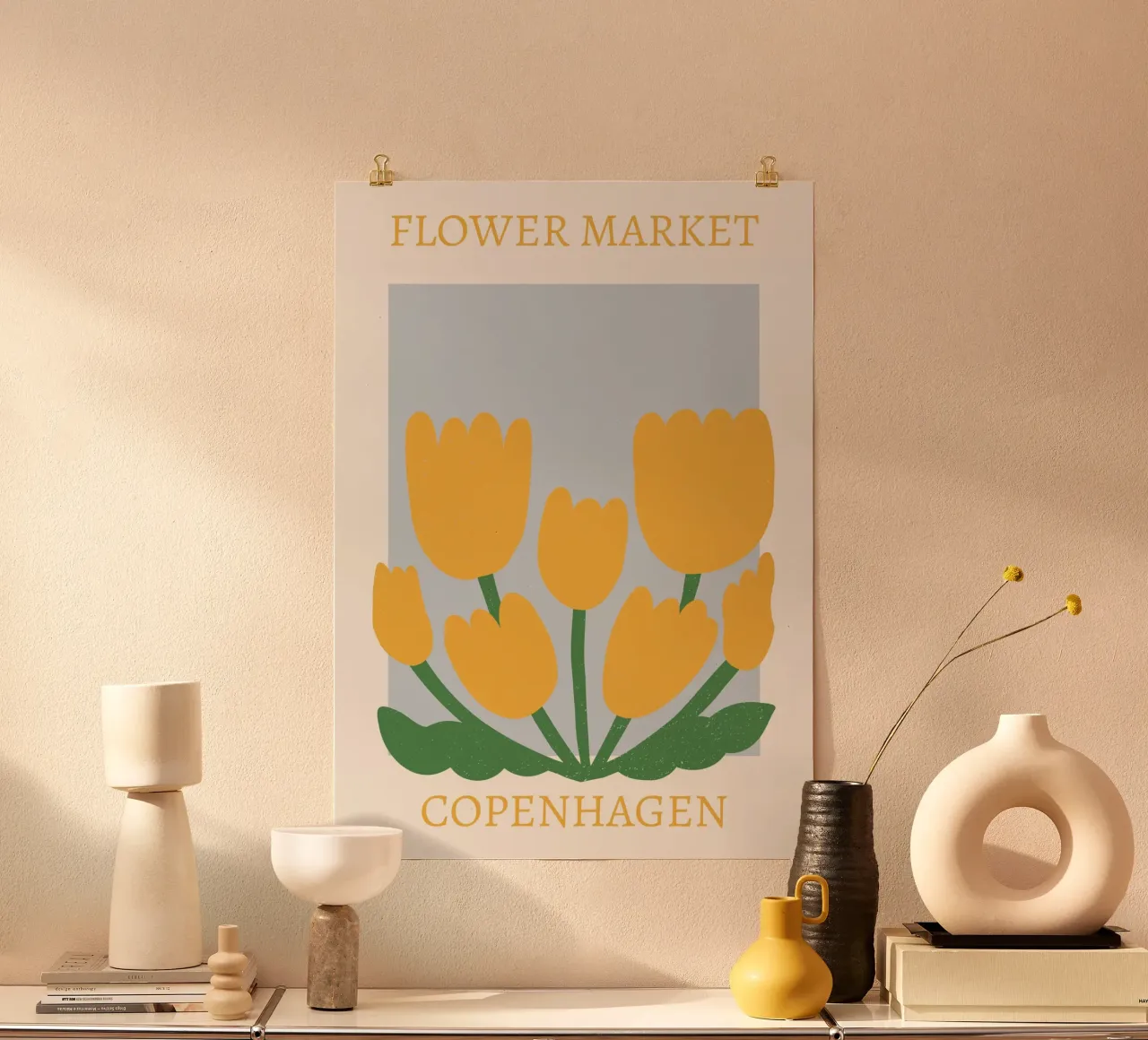 Mercado de flores de Copenhague Tulipanes amarillos - Botánico poster con marco de madera de homdeco