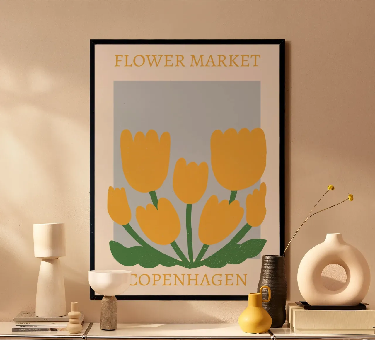 Mercado de flores de Copenhague Tulipanes amarillos - Botánico poster con marco de madera de homdeco