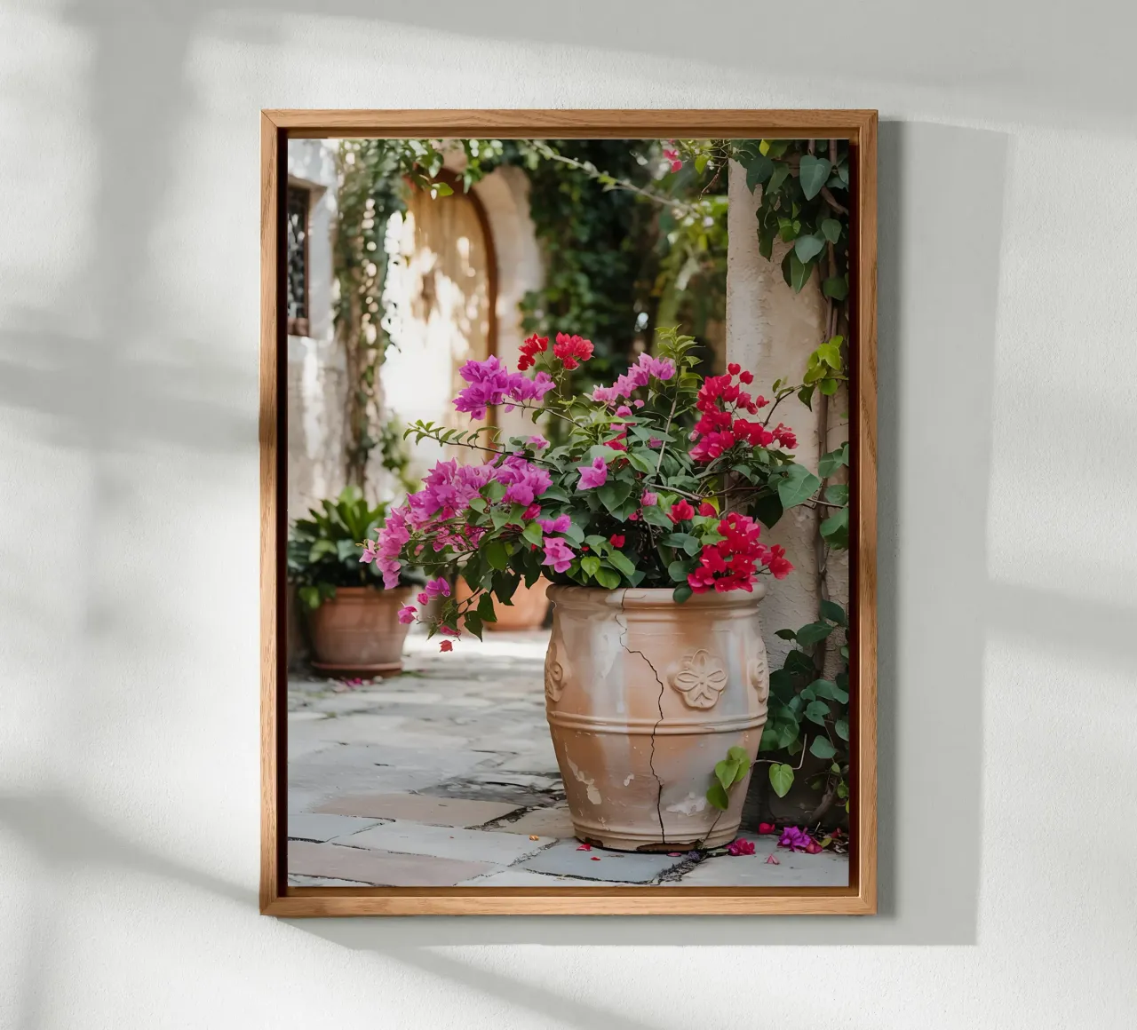 Bougainvillea in vaso in una stradina soleggiata alluminio dibond da Casa Limon