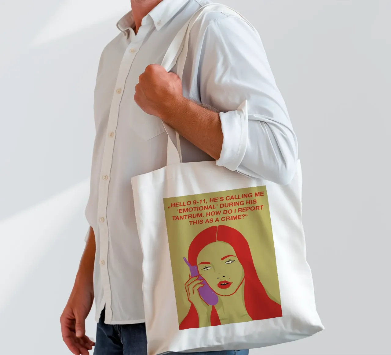 CIAO 9-11, MI CHIAMA 'EMOTIVO' DURANTE I SUOI CAPRICCI. borsa in juta da Lisa Jureczko Arts Illustration