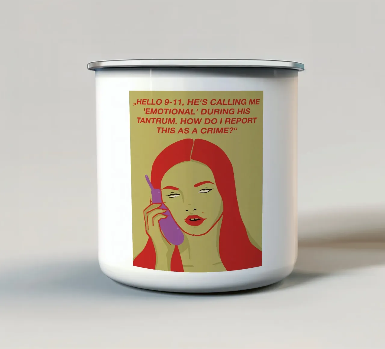 CIAO 9-11, MI CHIAMA 'EMOTIVO' DURANTE I SUOI CAPRICCI. tazza in smalto da Lisa Jureczko Arts Illustration