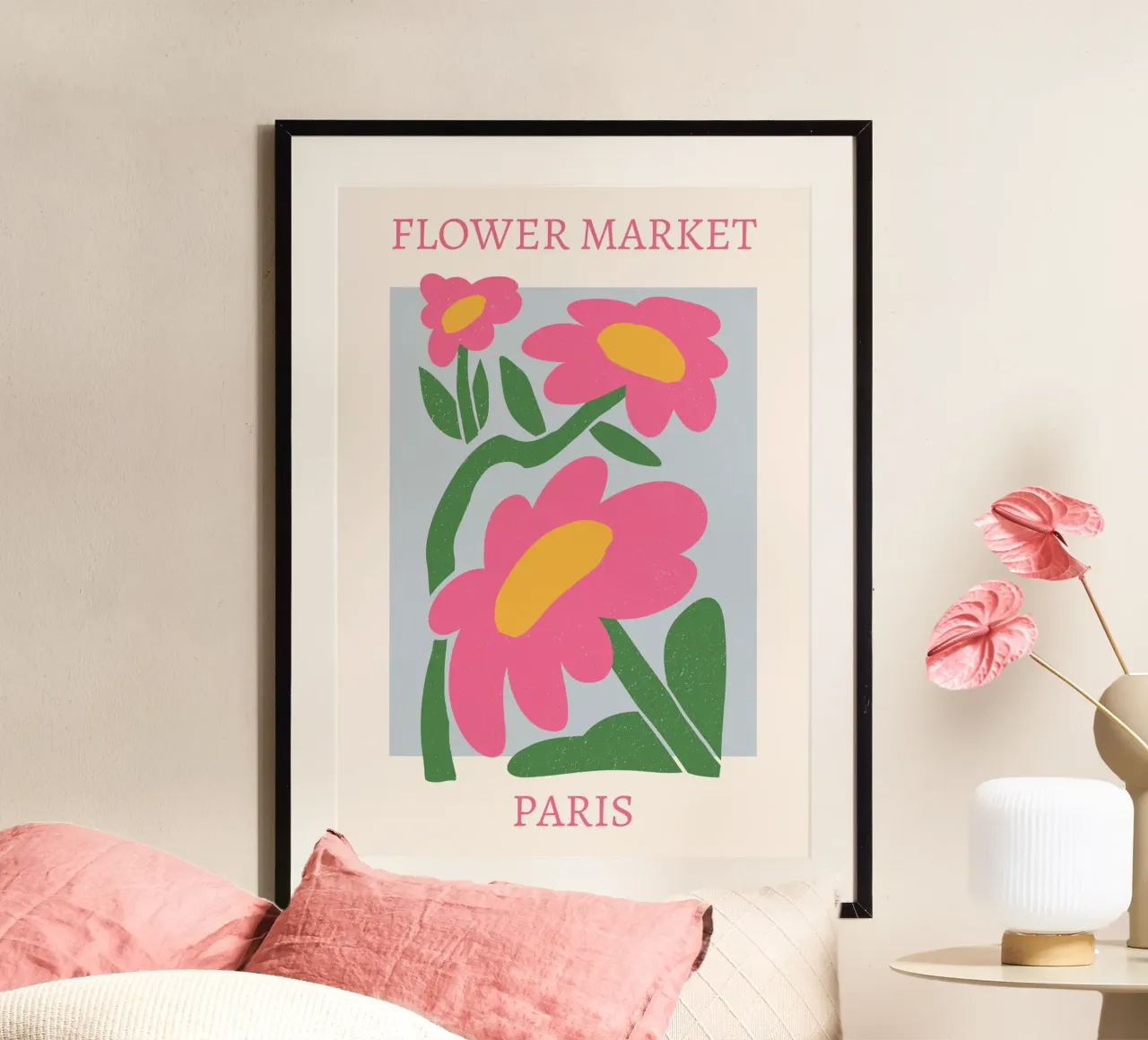 Paris Flower Market Roze Madeliefjes Print - Modern Floral poster van homdeco