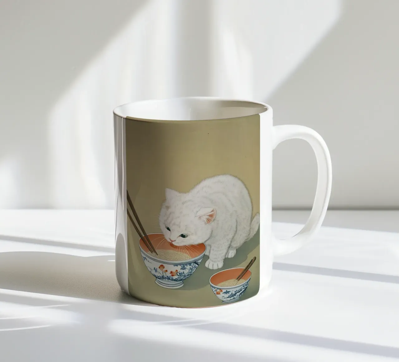 White Cat & Ramen | Inspiring Japan Ink | Foodie and Kitchen ceramic mug by Kaji