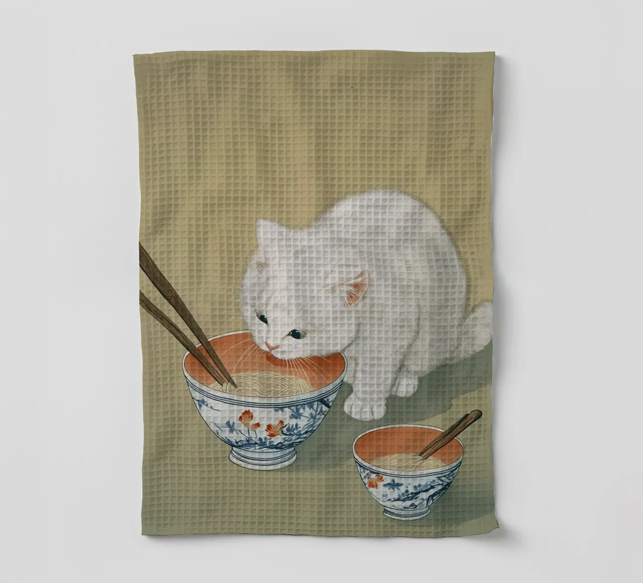White Cat & Ramen | Inspiring Japan Ink | Foodie and Kitchen tea towel by Kaji