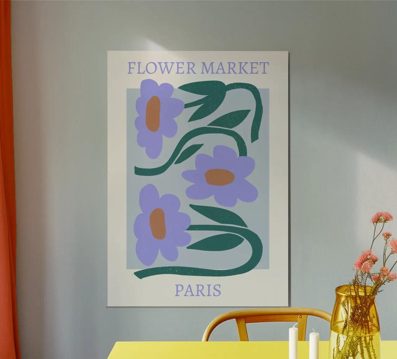 Mercato dei fiori di Parigi Stampa fiori viola - Floreale astratto poster con telaio in legno da homdeco