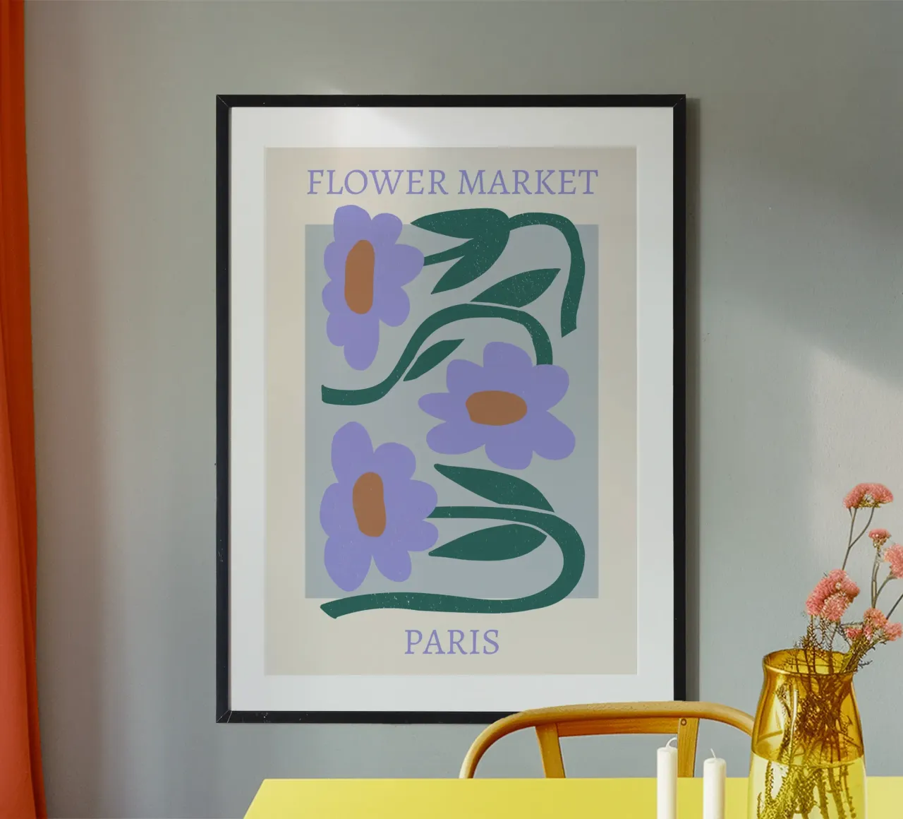Mercato dei fiori di Parigi Stampa fiori viola - Floreale astratto poster con telaio in legno da homdeco