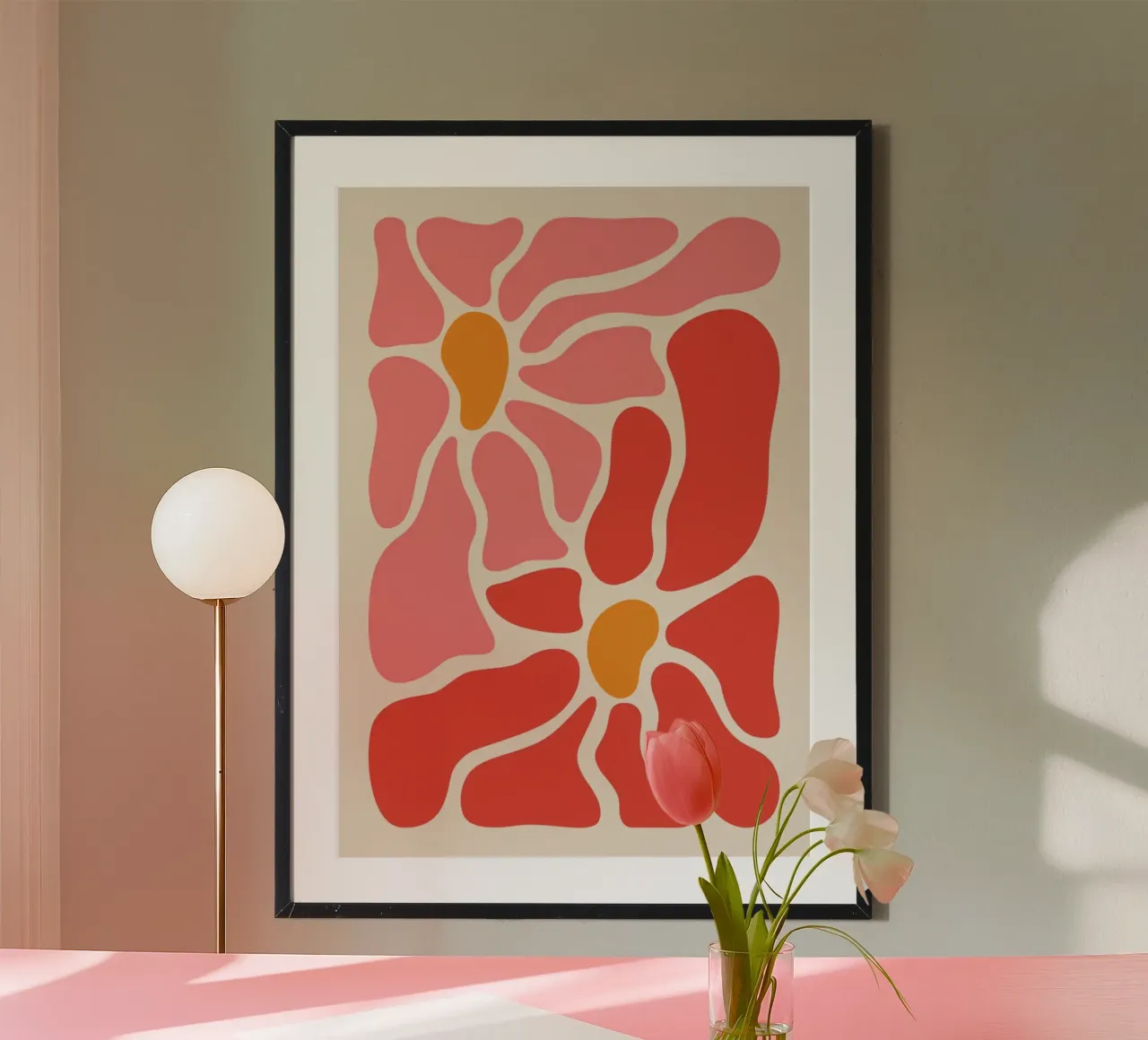 Petali astratti Pop Art - Floreale moderno di metà secolo poster con telaio in legno da homdeco