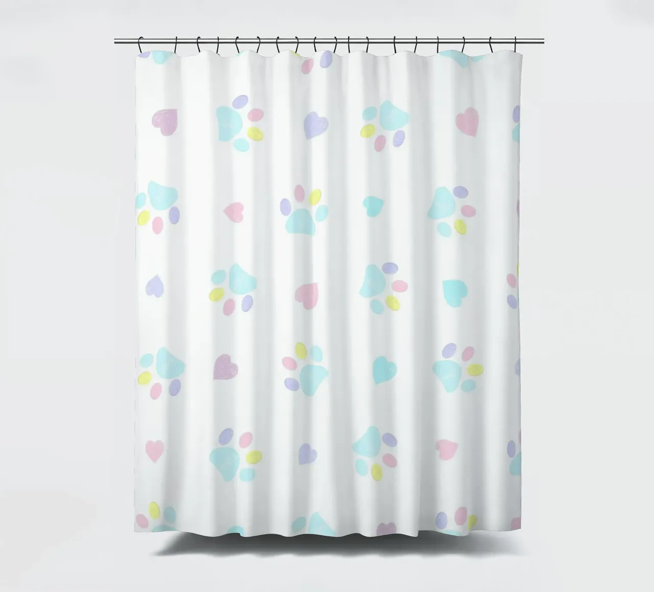 Pastel hand drawn hearts and paw prints shower curtain by gulsengunel