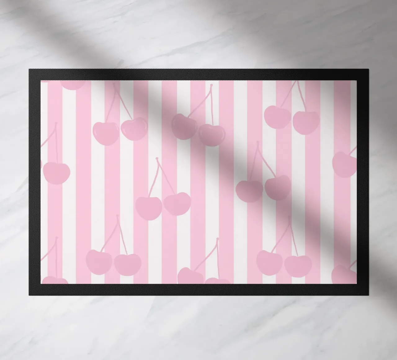 Pink and white stripe pattern cherries pattern doormat by gulsengunel