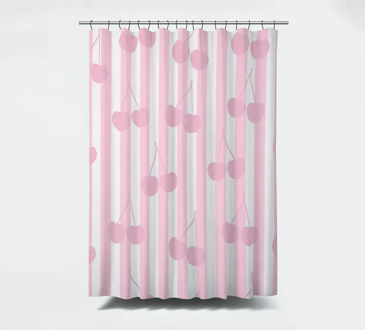 Pink and white stripe pattern cherries pattern shower curtain by gulsengunel