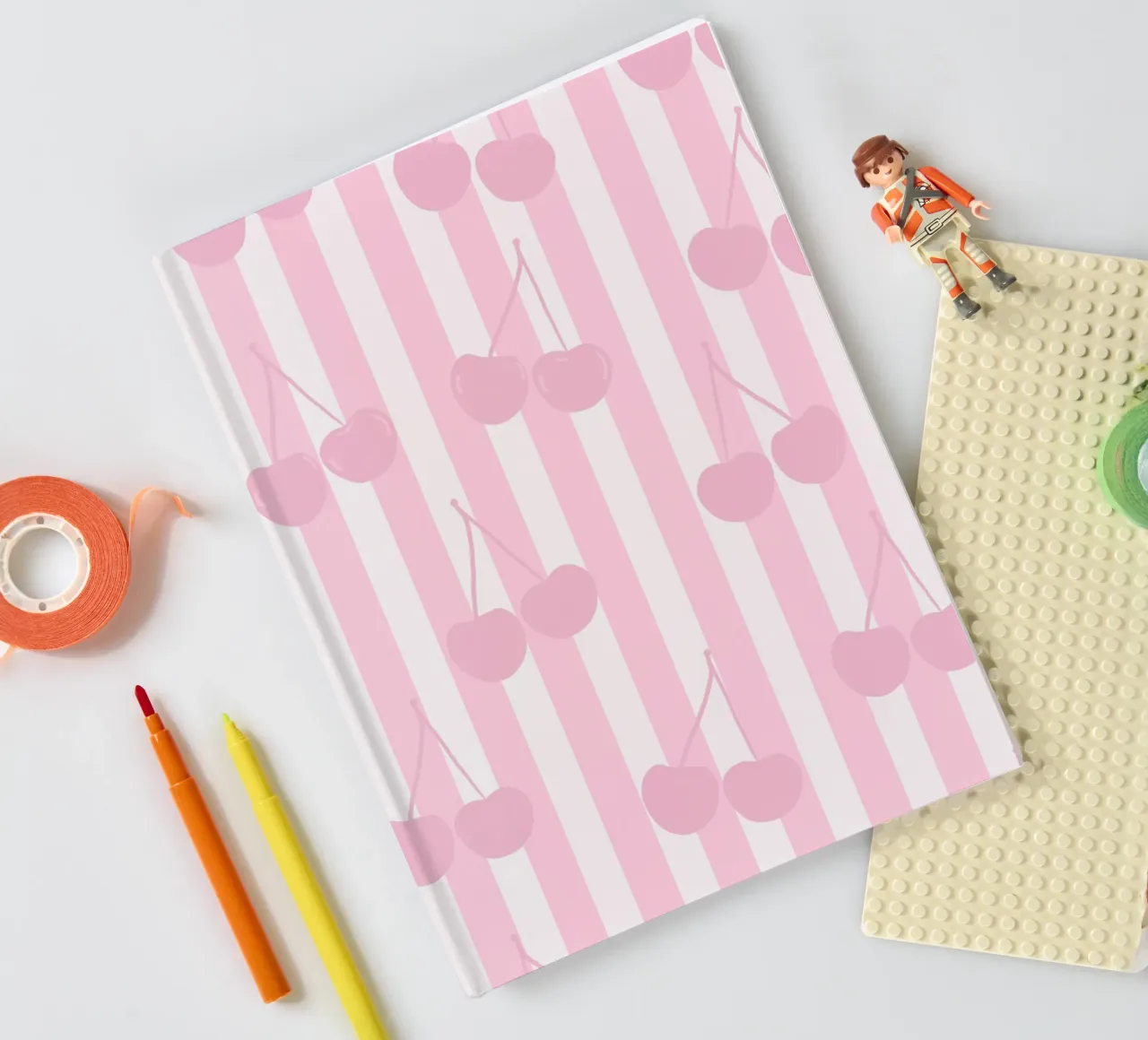 Pink and white stripe pattern cherries pattern notebook by gulsengunel