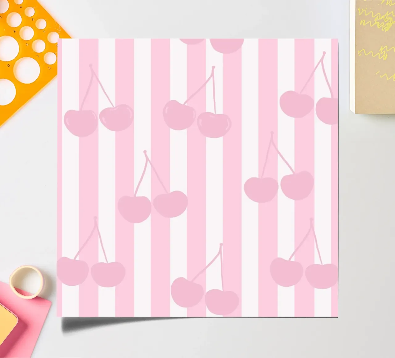 Pink and white stripe pattern cherries pattern sticker sheet by gulsengunel