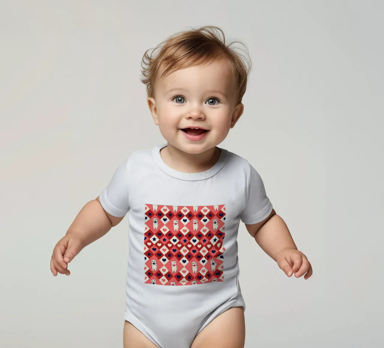 Plaid check heart pattern with cute cats short-sleeve baby romper by gulsengunel