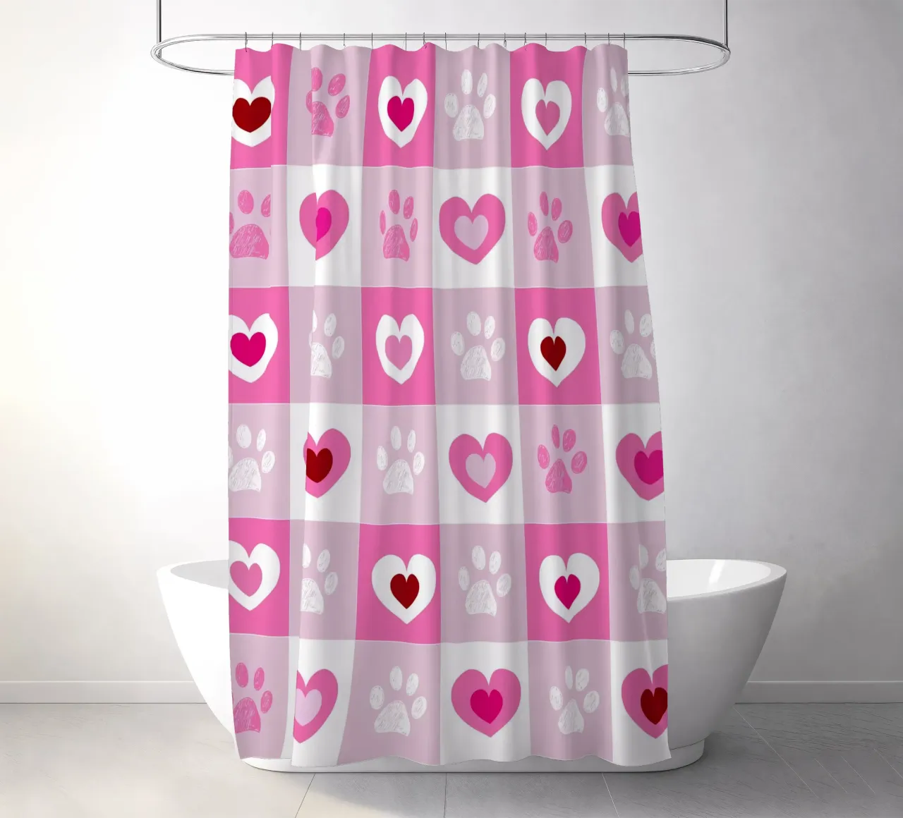 Design a quadri rossi e bianchi con cuori e zampe per San Valentino tenda da doccia da gulsengunel