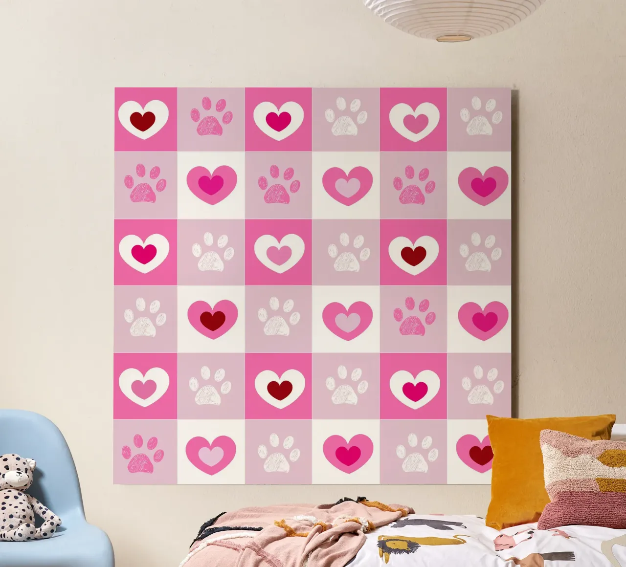 Design a quadri rossi e bianchi con cuori e zampe per San Valentino alluminio dibond da gulsengunel