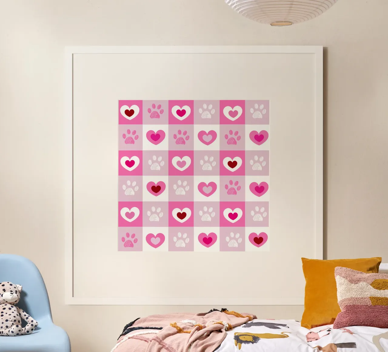 Design a quadri rossi e bianchi con cuori e zampe per San Valentino carta hahnemühle da gulsengunel