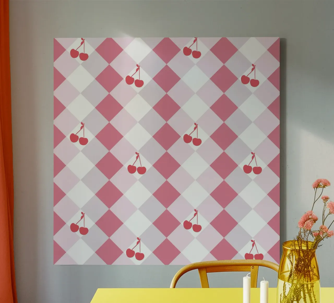 Red cherries and plaid seamless pattern canvas by gulsengunel