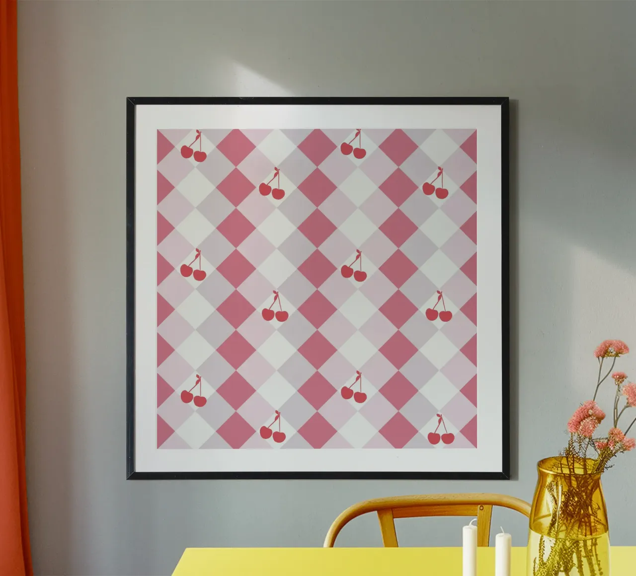 Red cherries and plaid seamless pattern hahnemühle by gulsengunel
