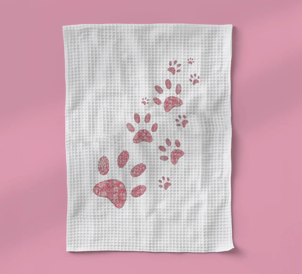 Pink hearts shining paw prints tea towel by gulsengunel
