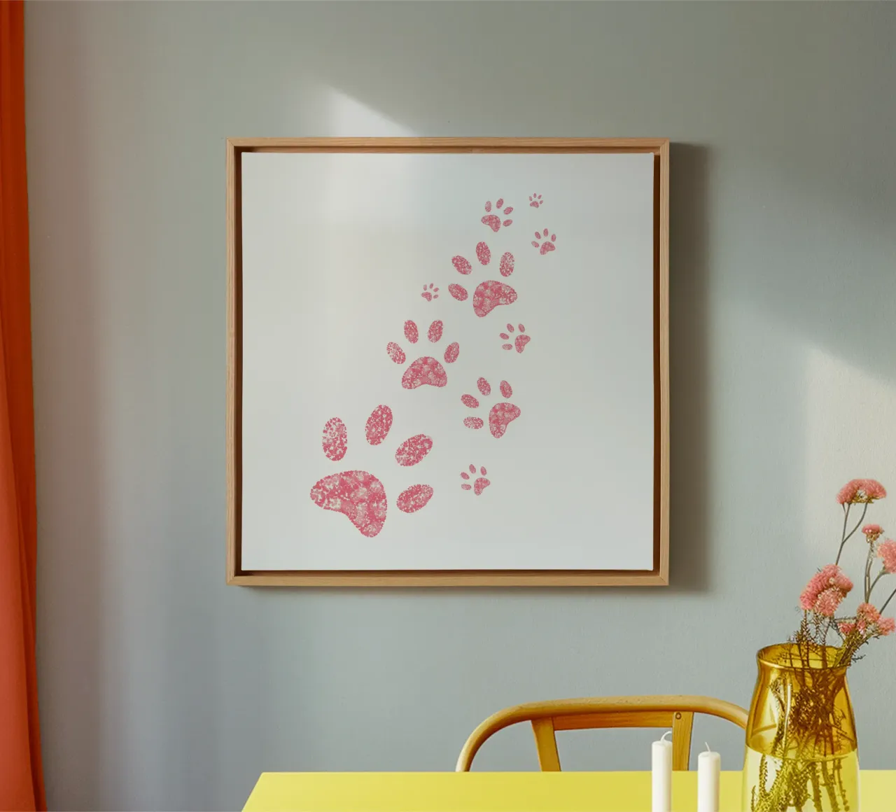 Pink hearts shining paw prints canvas with Floater frame by gulsengunel