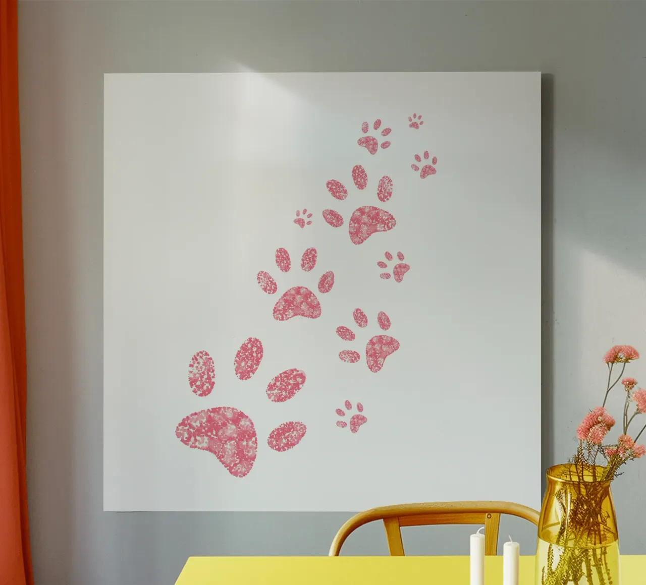 Pink hearts shining paw prints canvas with Floater frame by gulsengunel