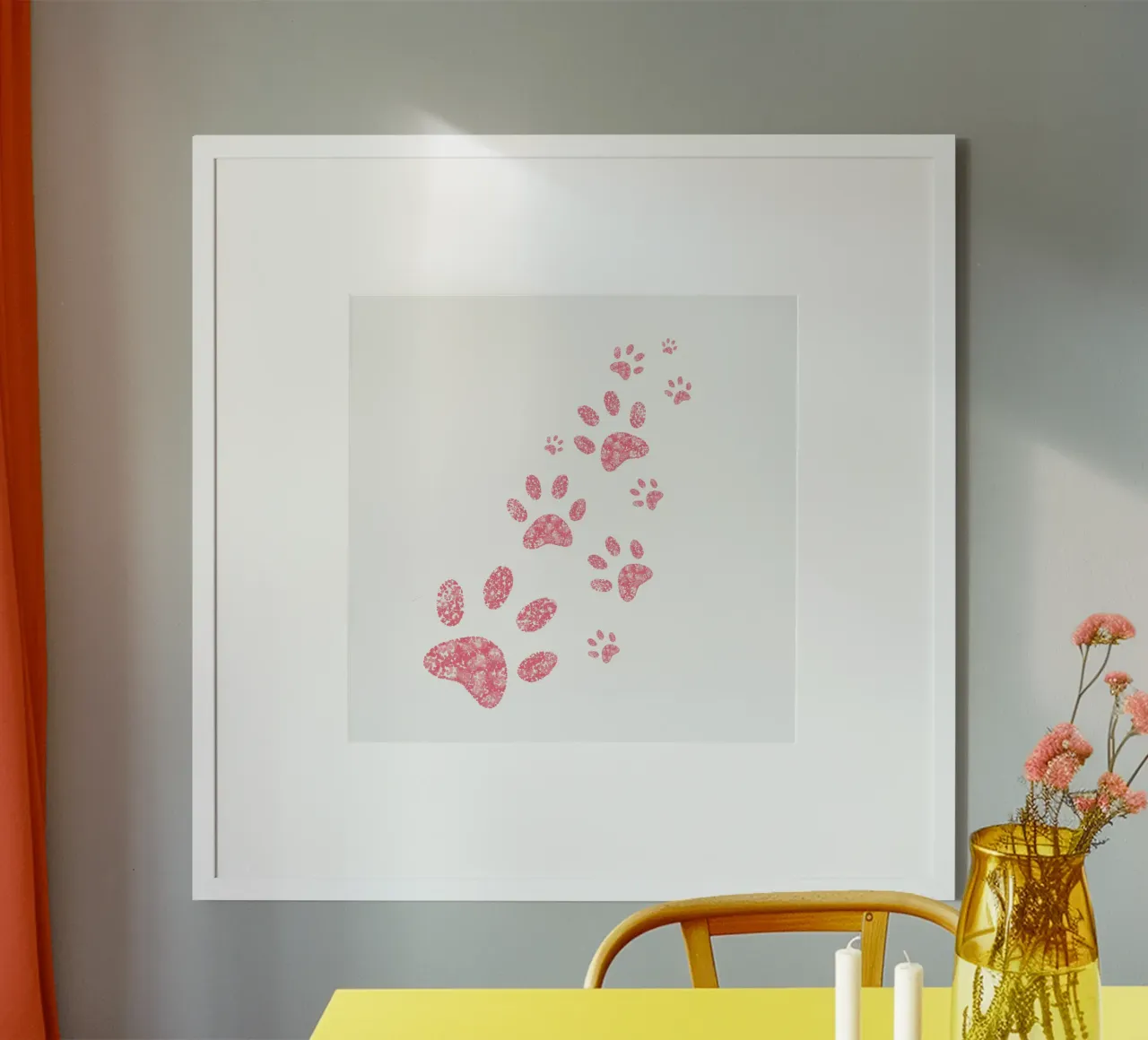 Cuori rosa che risplendono di impronte di zampa poster con telaio in alluminio da gulsengunel