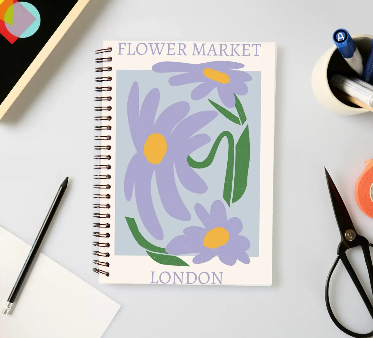 London Flower Market Purple Daisies Print - Abstract Floral spiral notebook by homdeco