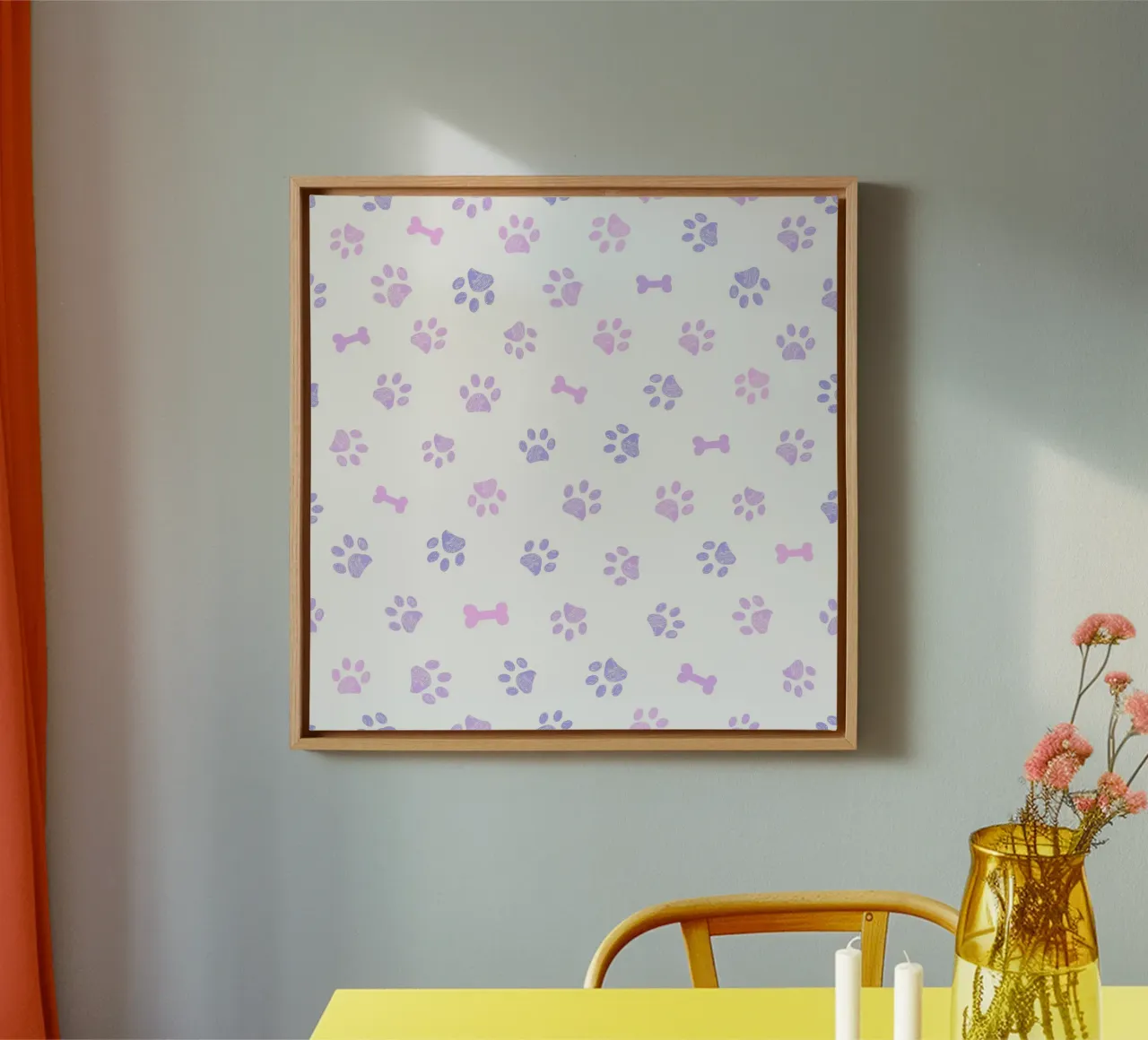 Lilac and pink colored doodles paw prints and bones canvas by gulsengunel