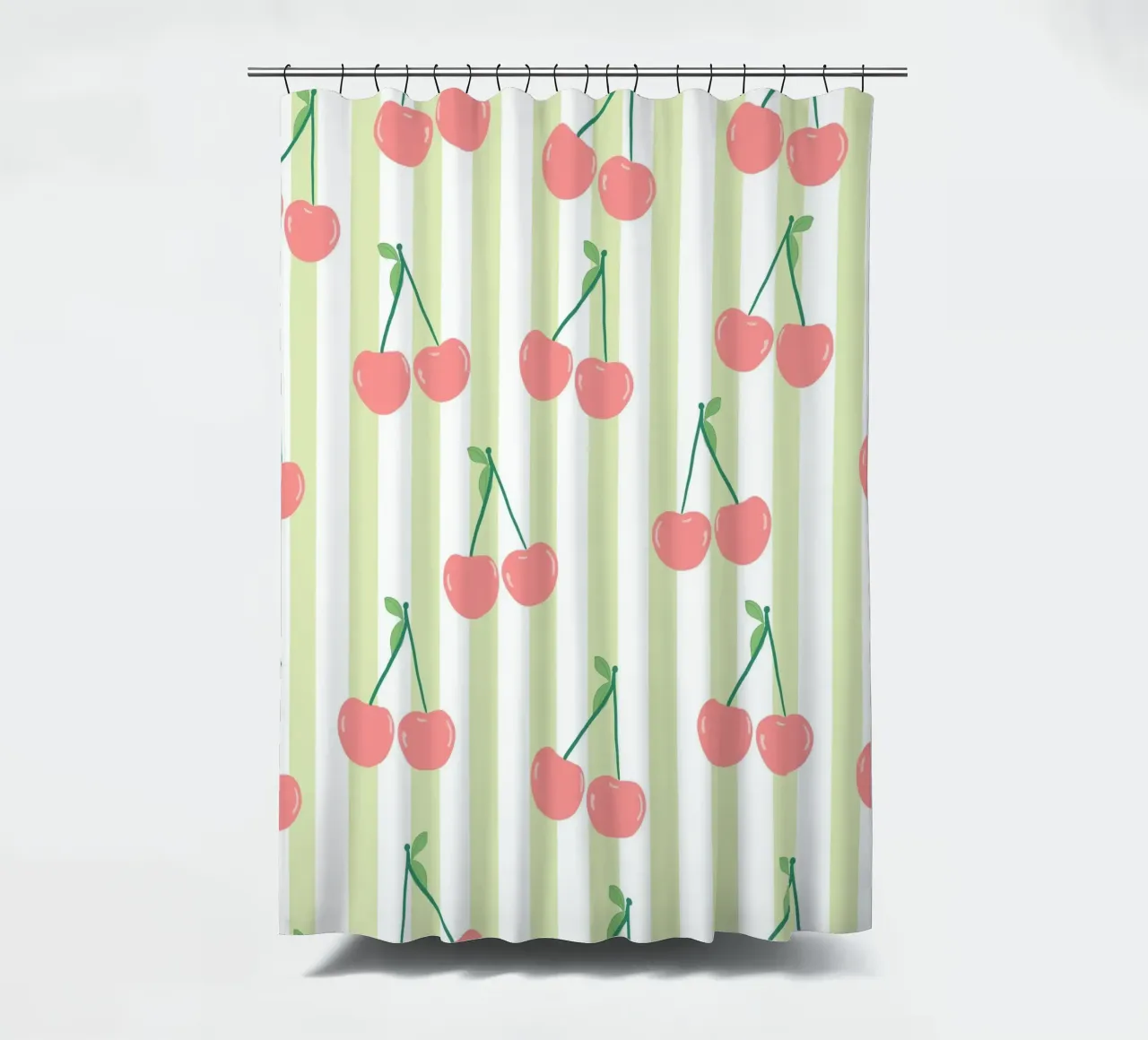 Green and white stripe pattern cherries pattern shower curtain by gulsengunel