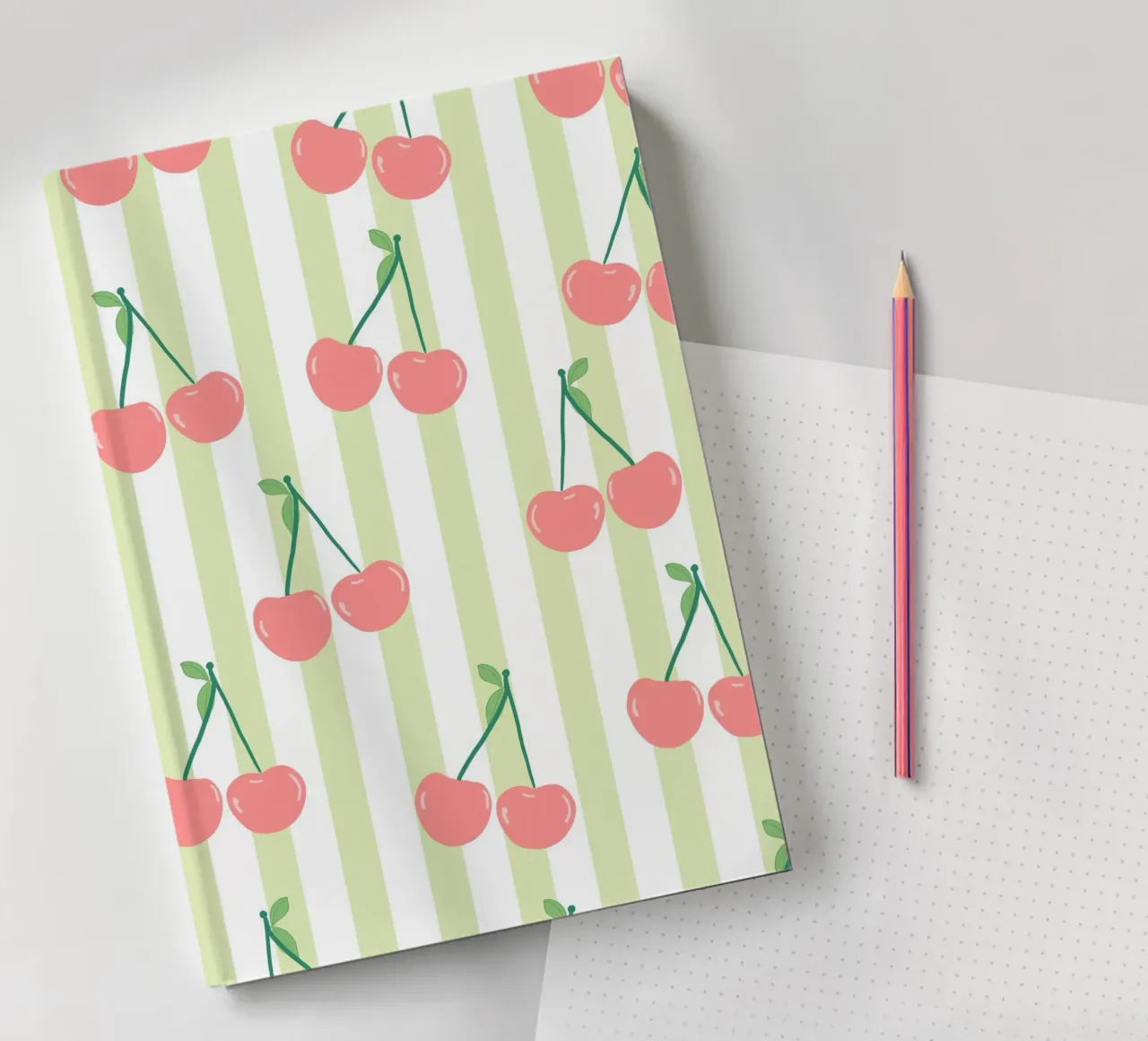 Green and white stripe pattern cherries pattern notebook by gulsengunel