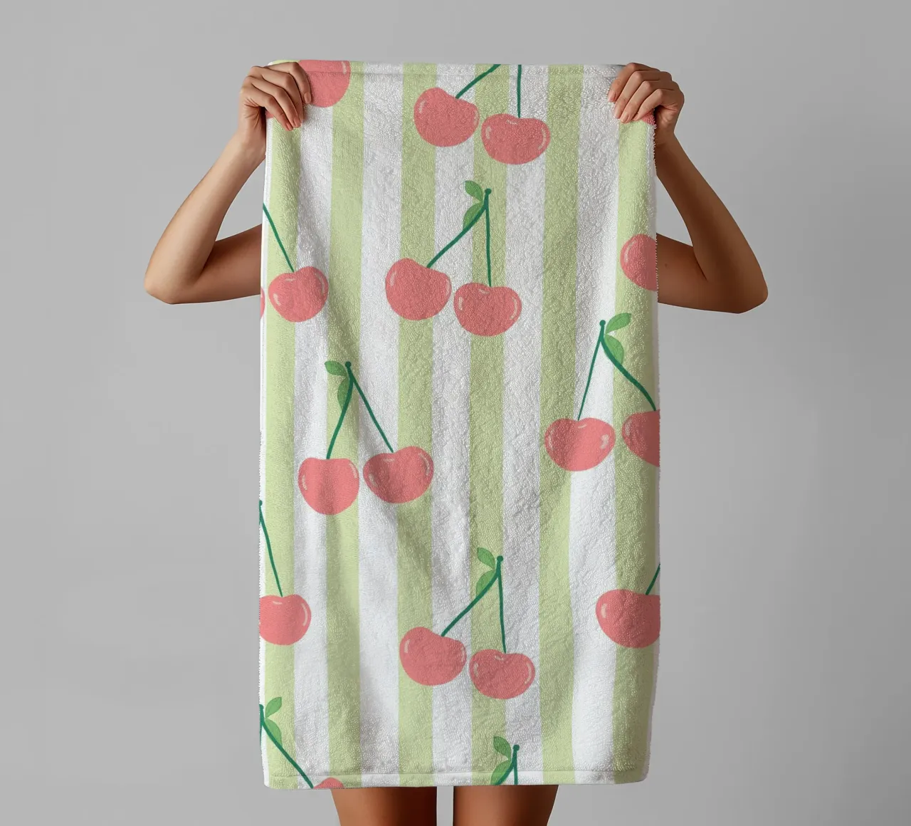 Green and white stripe pattern cherries pattern towel by gulsengunel