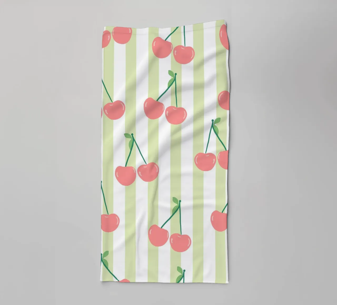 Green and white stripe pattern cherries pattern towel by gulsengunel