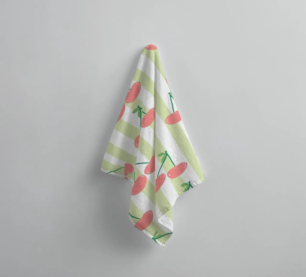 Green and white stripe pattern cherries pattern towel by gulsengunel