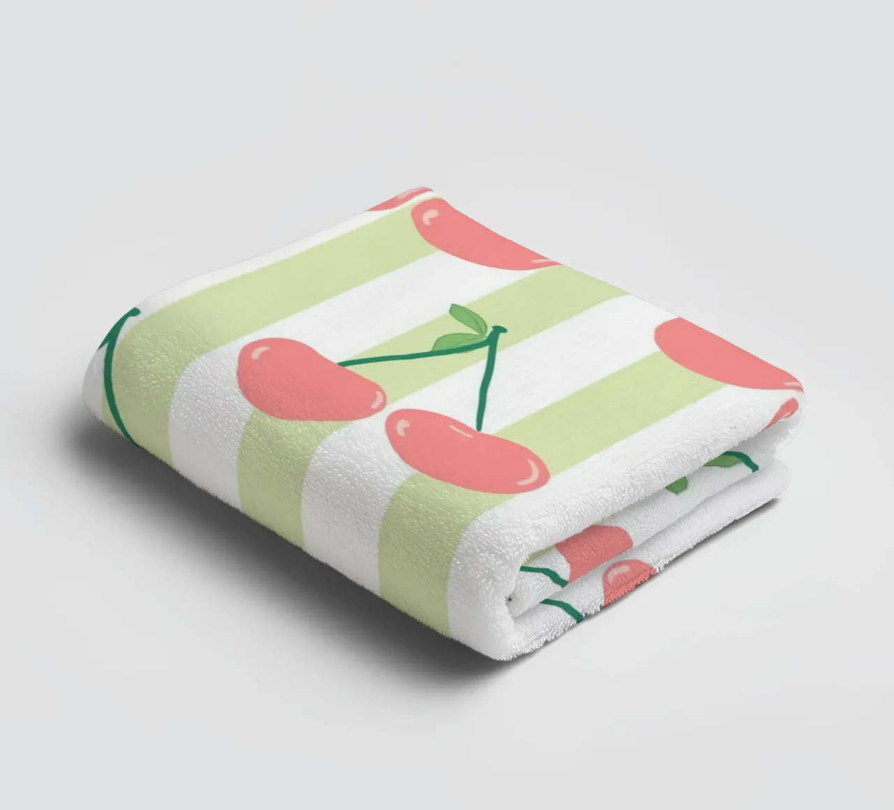 Green and white stripe pattern cherries pattern towel by gulsengunel