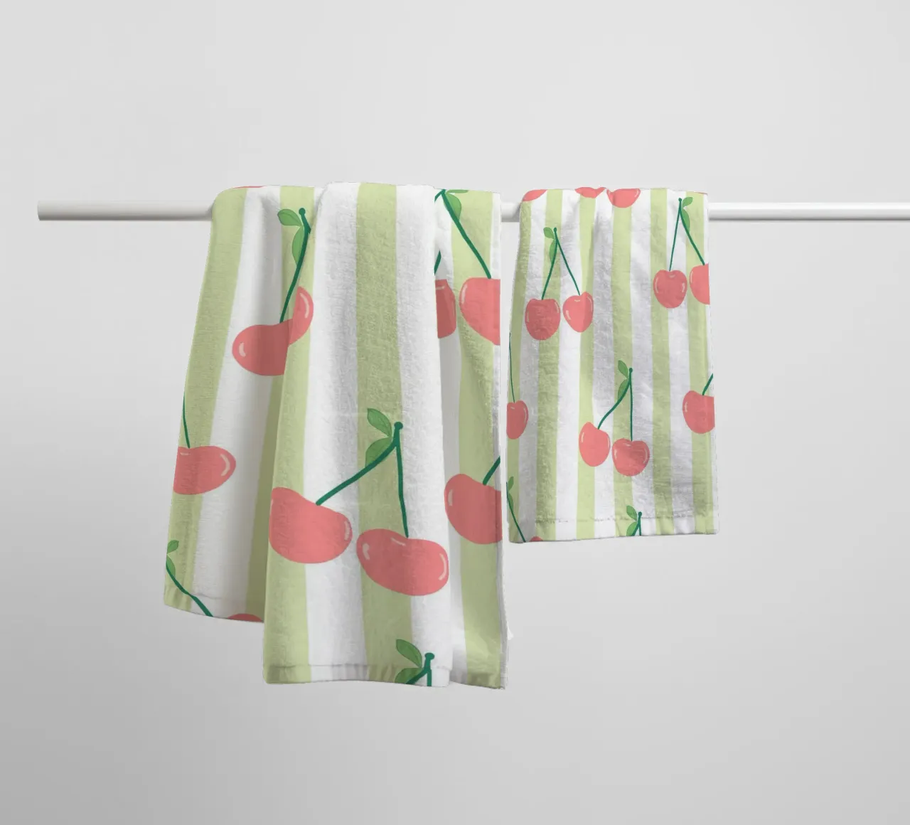 Green and white stripe pattern cherries pattern towel by gulsengunel