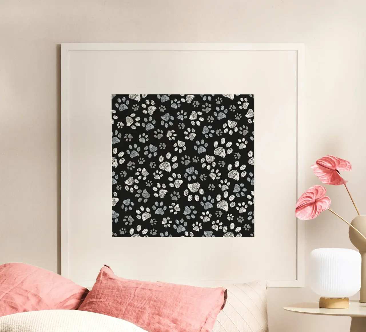 Impronte di zampa di barboncino di colore grigio nero poster con telaio in plastica da gulsengunel