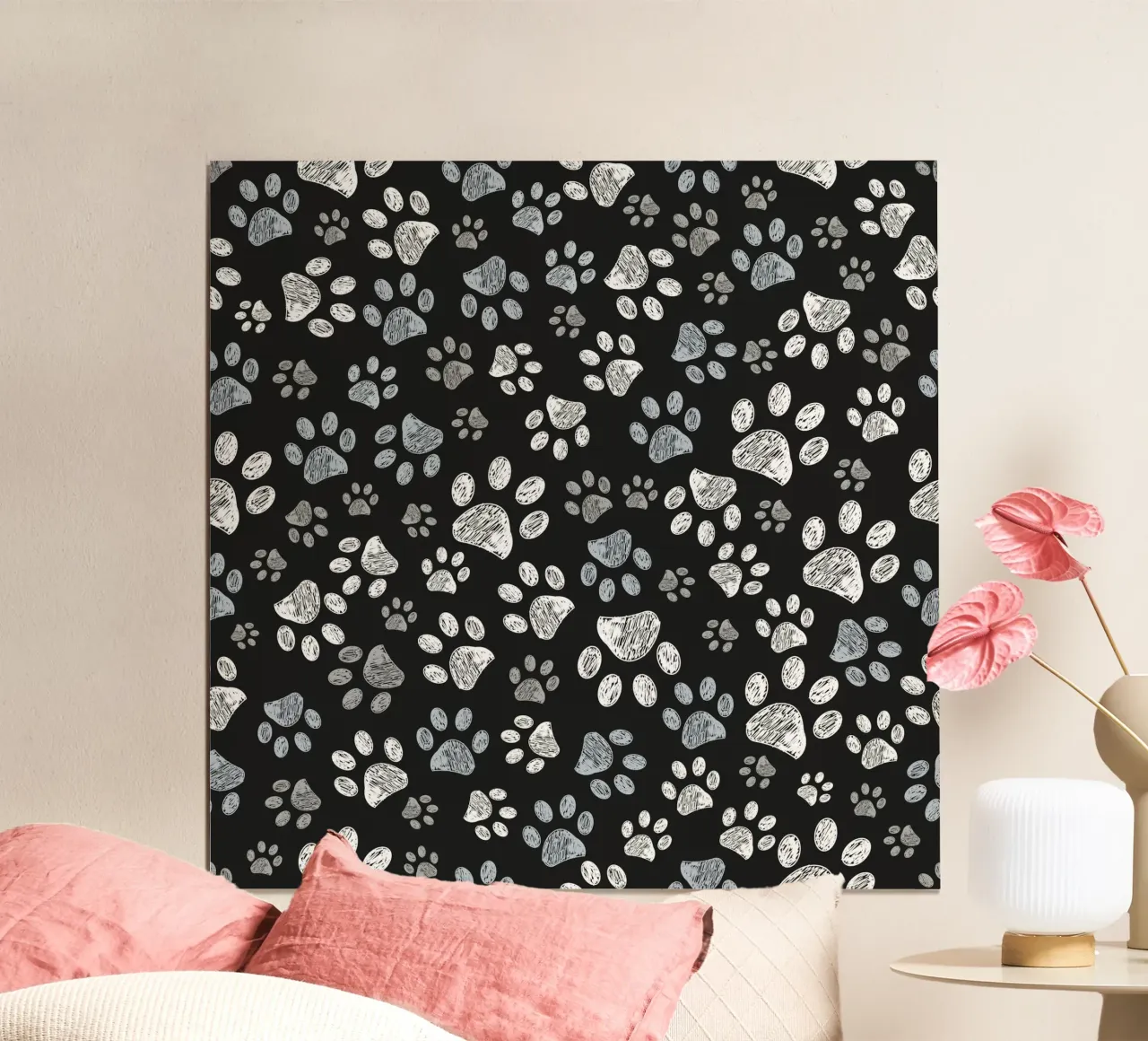 Impronte di zampa di barboncino di colore grigio nero poster con telaio in plastica da gulsengunel