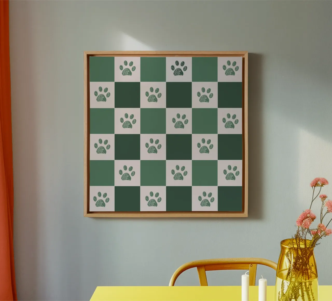 Plaid green and white and paws pattern canvas with Floater frame by gulsengunel