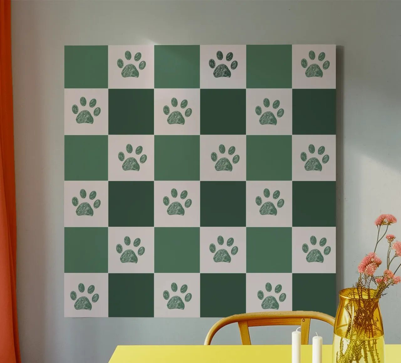 Plaid green and white and paws pattern canvas with Floater frame by gulsengunel