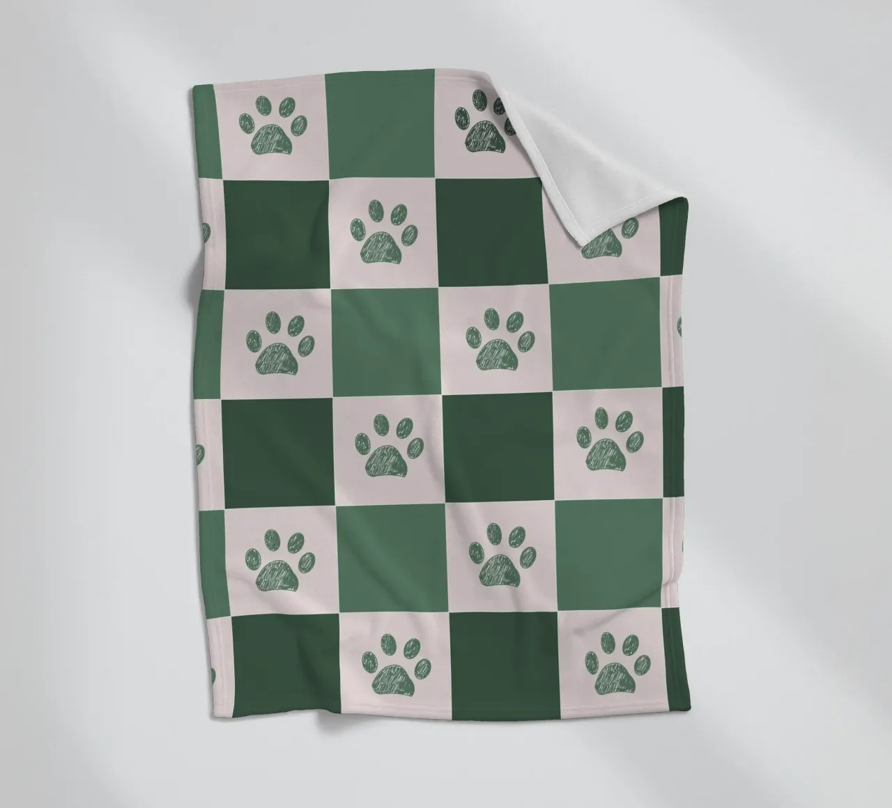 Plaid green and white and paws pattern fleece blanket by gulsengunel