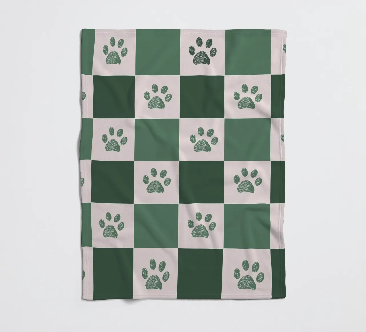 Plaid green and white and paws pattern fleece blanket by gulsengunel
