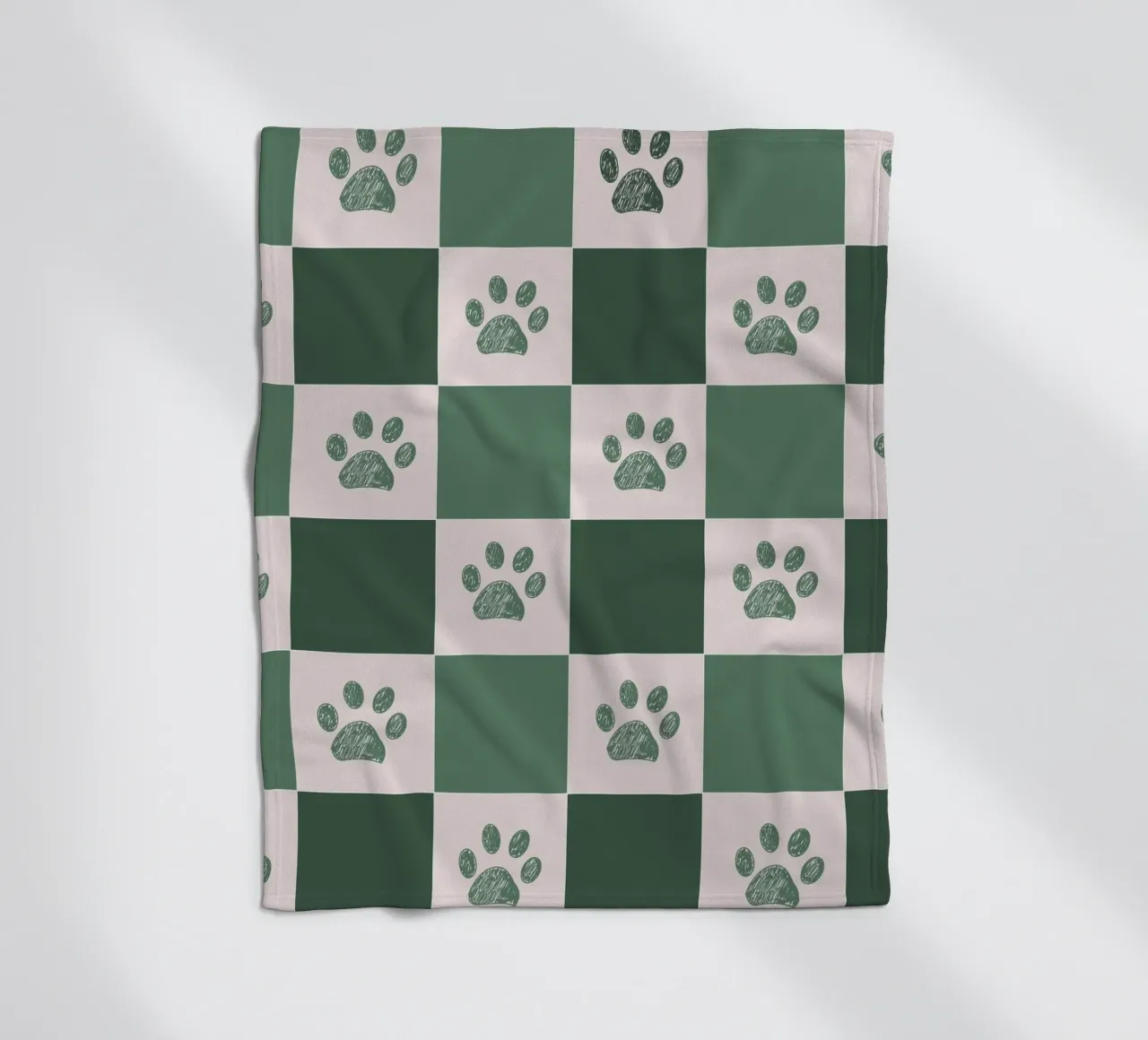 Plaid green and white and paws pattern fleece blanket by gulsengunel