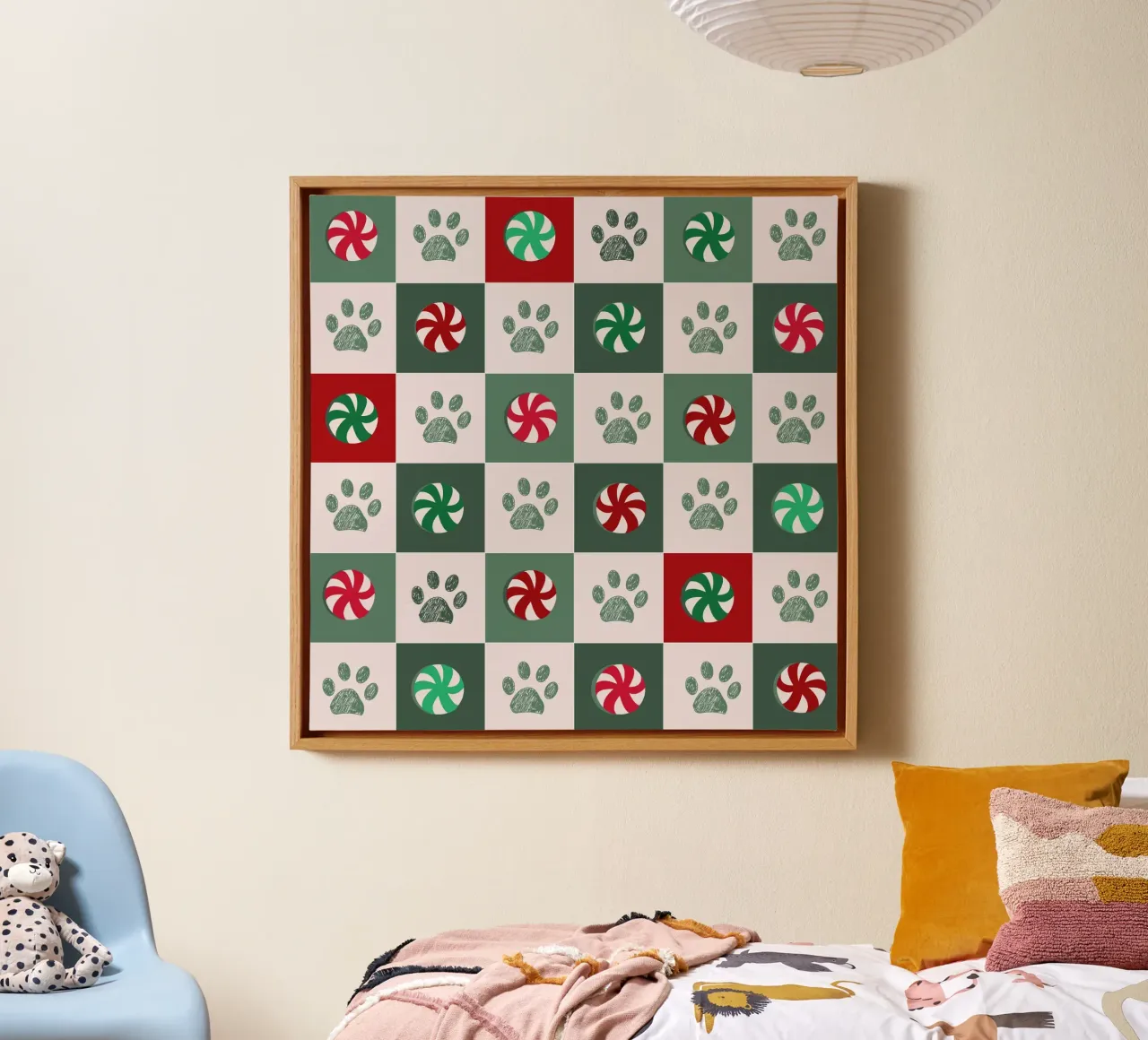 Plaid green, red and white and paws and candies pattern canvas with Floater frame by gulsengunel