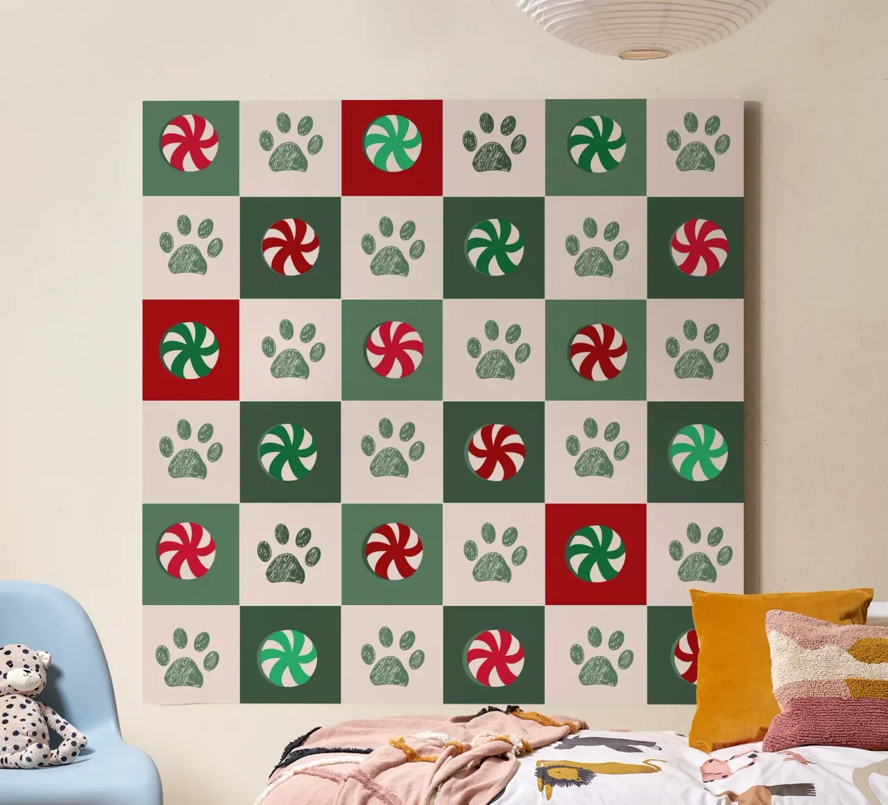 Plaid green, red and white and paws and candies pattern canvas with Floater frame by gulsengunel