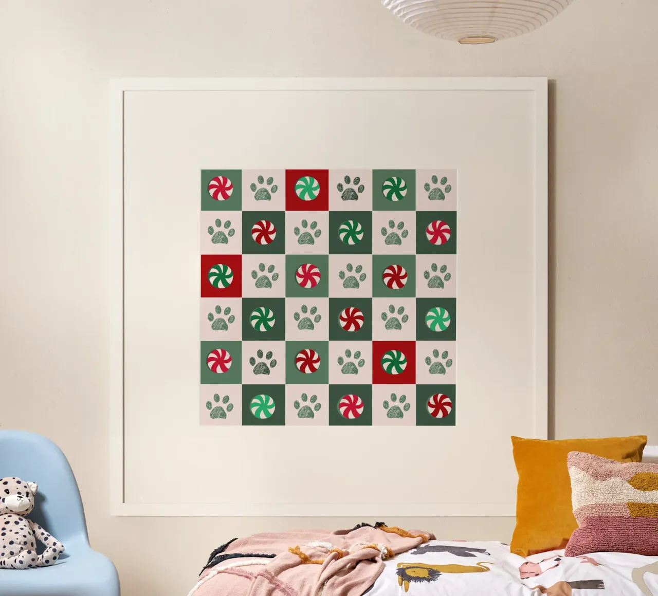 Motivo plaid verde, rosso e bianco e zampe e caramelle poster con telaio in plastica da gulsengunel