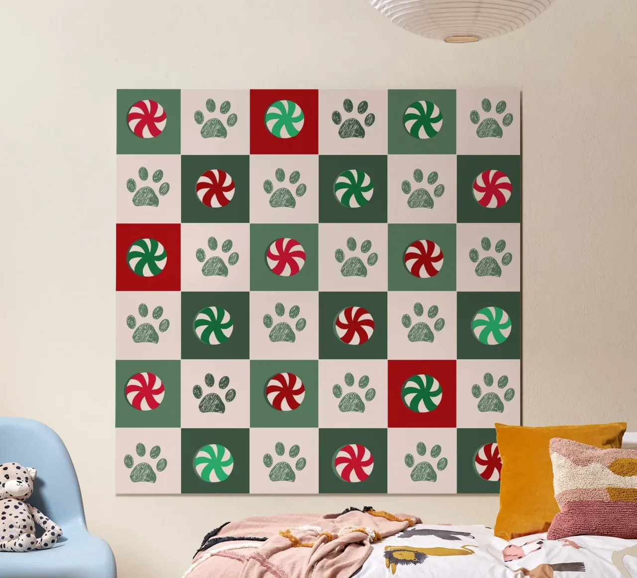 Motivo plaid verde, rosso e bianco e zampe e caramelle poster con telaio in plastica da gulsengunel