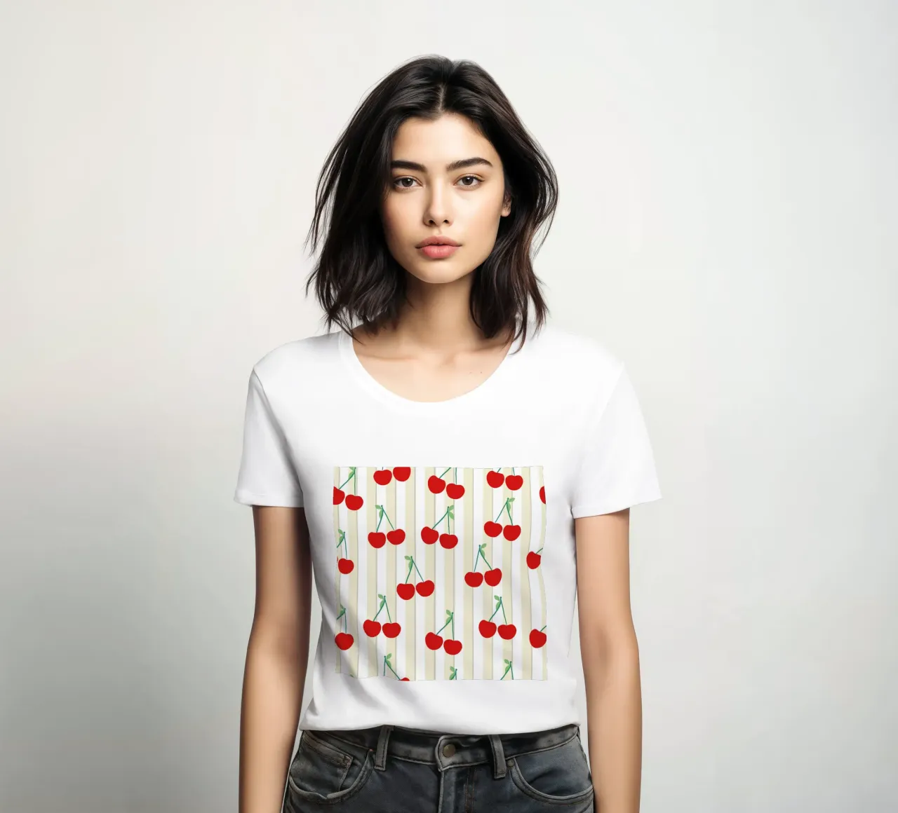 Green white stripe pattern cherries pattern women's fitted t-shirt by gulsengunel