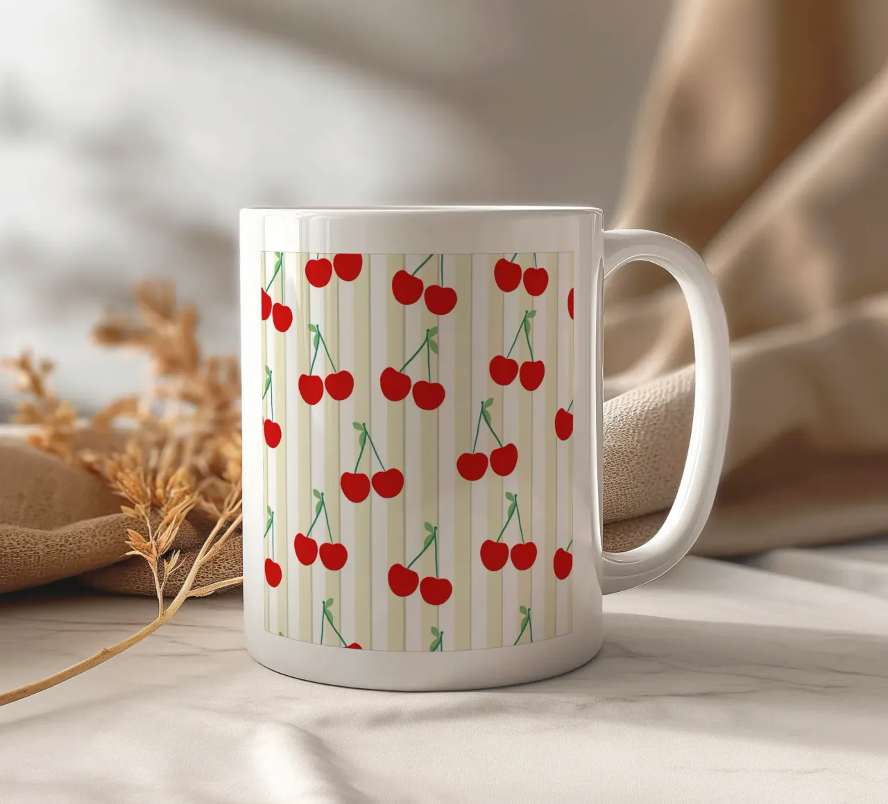 Motivo a righe bianche e verdi motivo ciliegie tazza in ceramica da gulsengunel